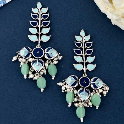 Silver Leaf Drop Earrings in Oxidised Multicolor Long Drop Design for Women and Girls