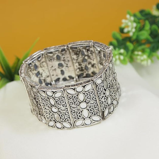 Silver Stretch Bracelet Oxidised Mirror Work