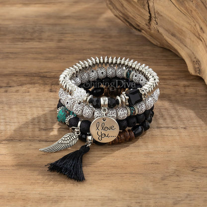 Bohemian I Love You Feather Charm Beaded Multilayer Bracelet for Women & Girls