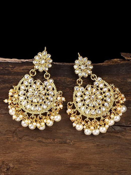 Gold Tone Kundan Pearl Dangle Earrings