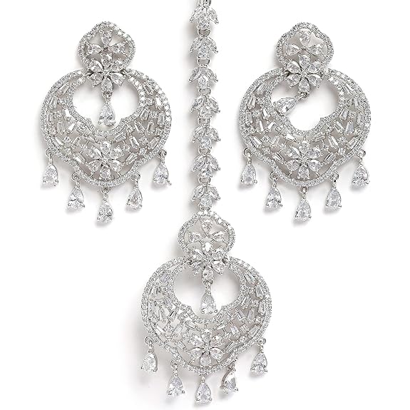 American Diamond Jewelry Set in Rhodium Plated Stylish Shiny Round Design Maang Tikka Earring Jewellery