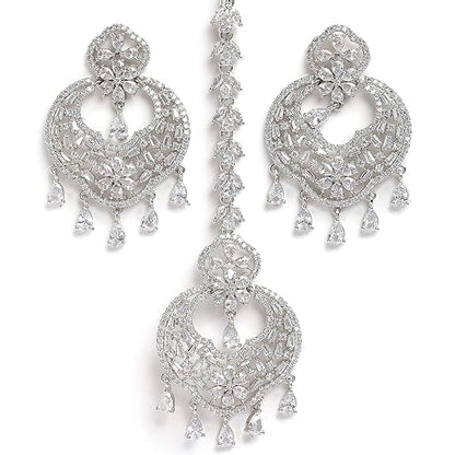 American Diamond Jewelry Set in Rhodium Plated Stylish Shiny Round Design Maang Tikka Earring Jewellery