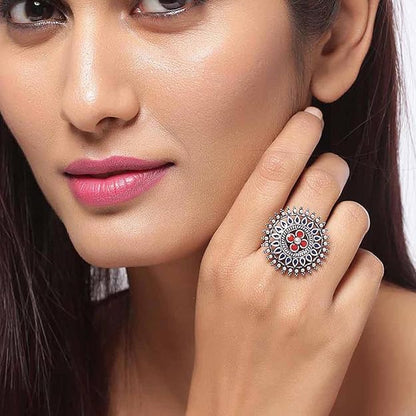 Oxidised Mandala Floral Hand Ring