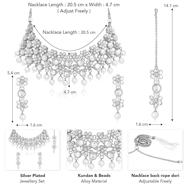 Emerald Necklace and Earring Set in Kundan and Beads Studded Necklace Earrings Maang Tikka Ethnic Jewellery Set for Women