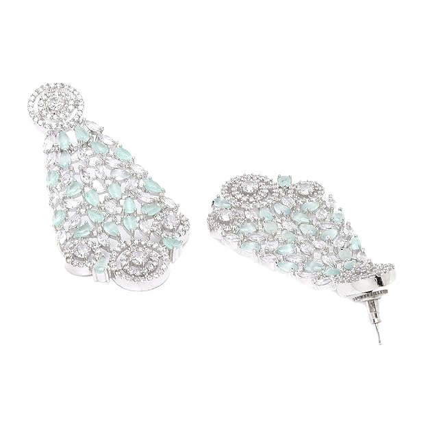 American Diamond Necklace Set in Rhodium Plated Silver Toned AD Choker Necklace with Earrings Jewellery Set for Women and Girls