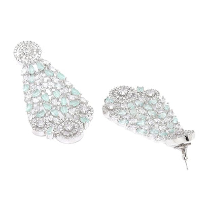 American Diamond Necklace Set in Rhodium Plated Silver Toned AD Choker Necklace with Earrings Jewellery Set for Women and Girls