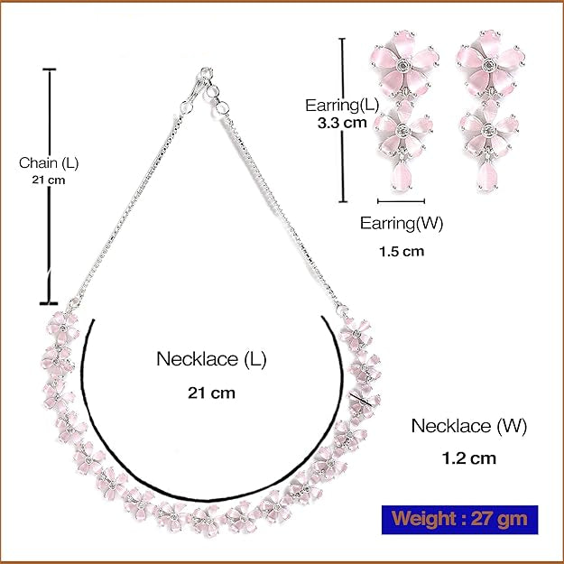 American Diamond Jewellery in Silver in Rhodium Plated Silver Toned White AD Studded Flower Shaped Jewellery Set