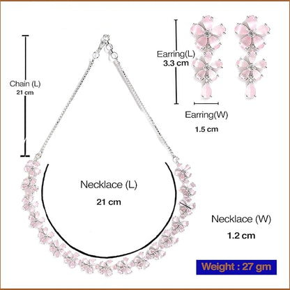 American Diamond Jewellery in Silver in Rhodium Plated Silver Toned White AD Studded Flower Shaped Jewellery Set