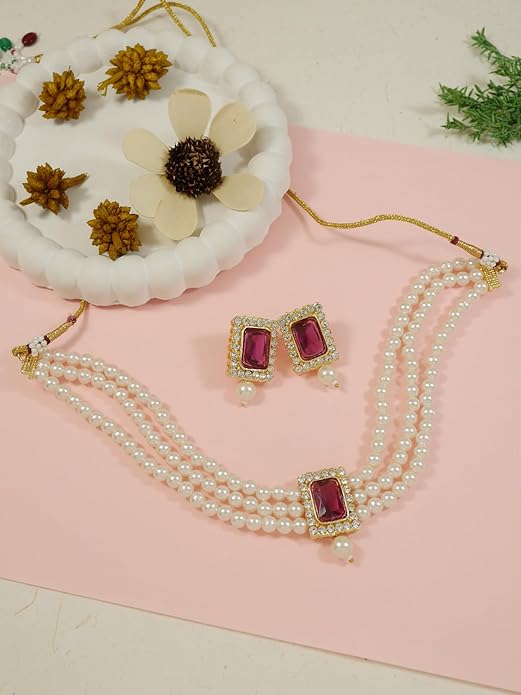 Pearl Choker Necklace in Gold Plated Traditional Stone and Pearl Choker Necklace Jewellery Set for Women