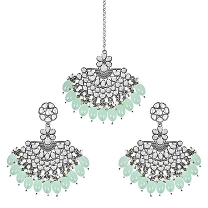 Silver Chandbali Earrings in Oxidised Kundan Pearl Design with Maang Tikka Set