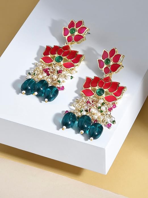 Green Beads Pink Meenakari Lotus Drop Earrings