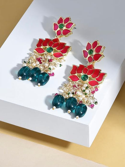 Green Beads Pink Meenakari Lotus Drop Earrings