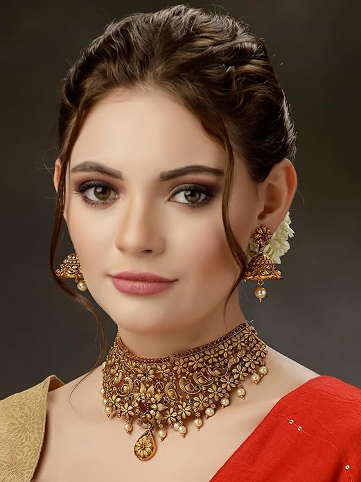 Antique temple jewellery set with vintage gold tone