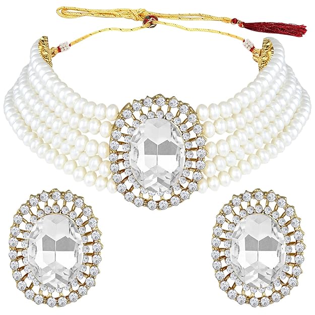 Choker Necklace in Gold Plated Traditional Stone Studded Pearl Choker Necklace Jewellery Set for Women and Girls