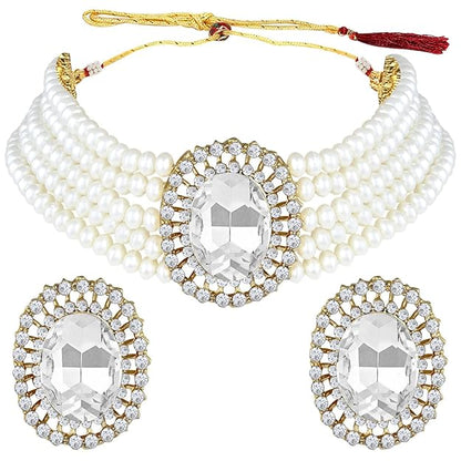 Choker Necklace in Gold Plated Traditional Stone Studded Pearl Choker Necklace Jewellery Set for Women and Girls