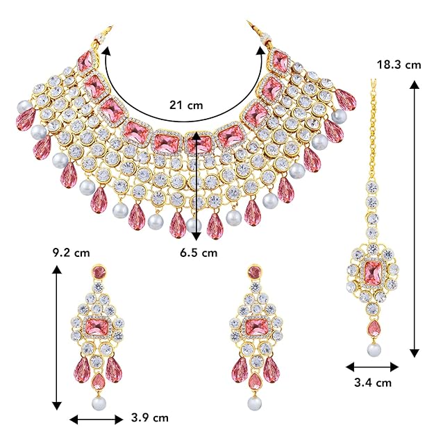 Crystal Choker Necklace with Maang Tikka and Earrings Indian Traditional Bridal Wedding Jewellery Set for Women