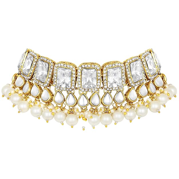 Crystal Collar Necklace in Faux Pearl and Kundan Style Necklace Jewellery Set for Women
