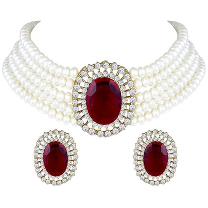 Choker Necklace in Gold Plated Traditional Stone Studded Pearl Choker Necklace Jewellery Set for Women and Girls