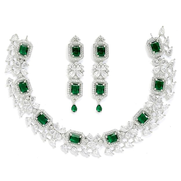 American Diamond Jewellery in Rhodium Plated Silver Toned Green and White AD Studded Necklace and Earrings Set for Women