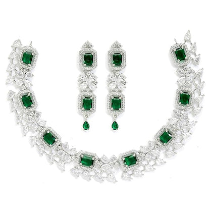 American Diamond Jewellery in Rhodium Plated Silver Toned Green and White AD Studded Necklace and Earrings Set for Women