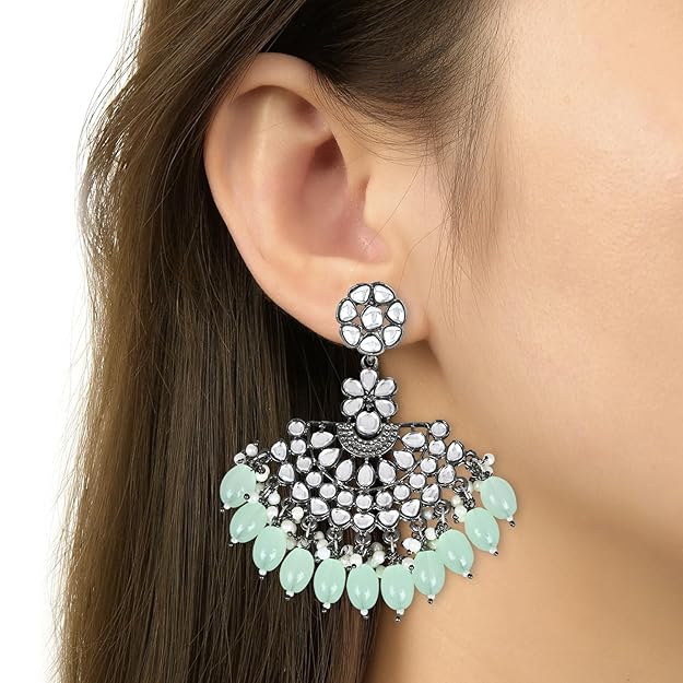 Silver Chandbali Earrings in Oxidised Kundan Pearl Design with Maang Tikka Set