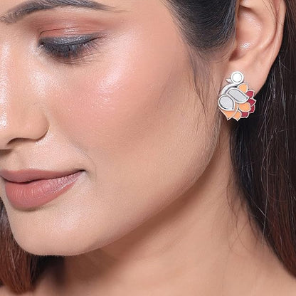 Large Silver Stud Earrings in Bird Motif Traditional Design