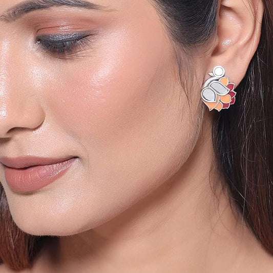 Large Silver Stud Earrings in Bird Motif Traditional Design