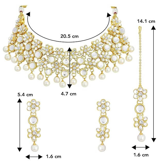 Emerald Necklace and Earring Set in Kundan and Beads Studded Necklace Earrings Maang Tikka Ethnic Jewellery Set for Women