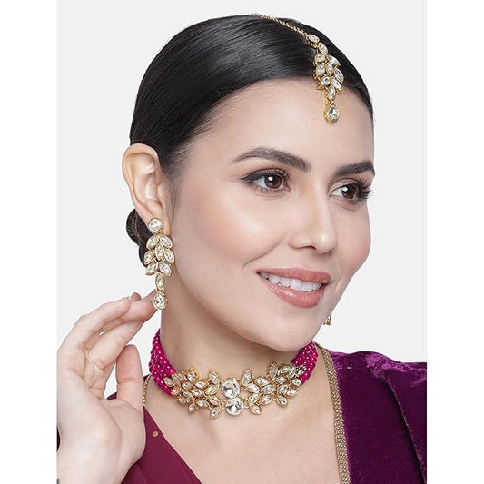 Pearl Necklace and Earring Set in Gold Plated Bridal Crystal Pearl Choker with Drop Earrings Traditional Jewellery Set for Women