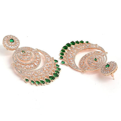 American Diamond Jewelry Set in Rose Gold Plated American Diamond Studded Maang Tikka & Earrings for Women and Girls