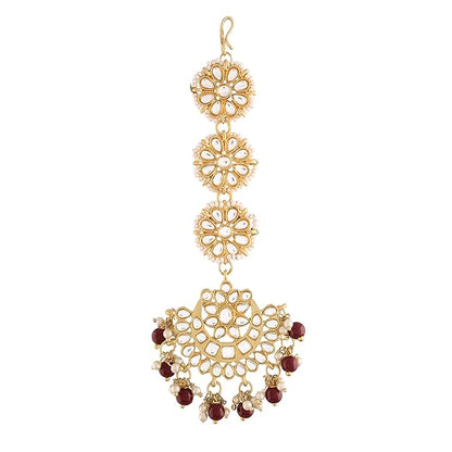 Dulhan Mang Tika in Gold Plated Traditional Kundan & Faux Pearl Chandbali Earring Set