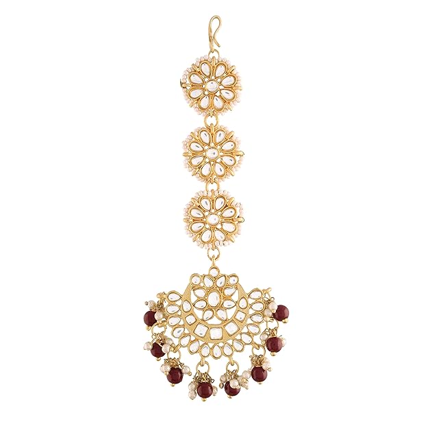 Mang Tikka for Women in 18K Gold Plated Matte Finish Kundan & Faux Pearl Chandbali Set