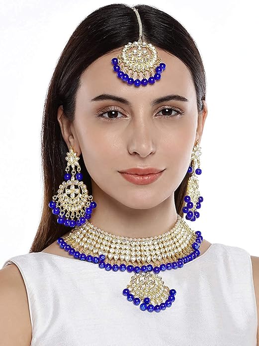 Bridal Kundan Jewellery Set in 18K Gold Plated Traditional Kundan and Pearl Studded Choker Necklace Jewellery Set with Earrings and Maang Tikka