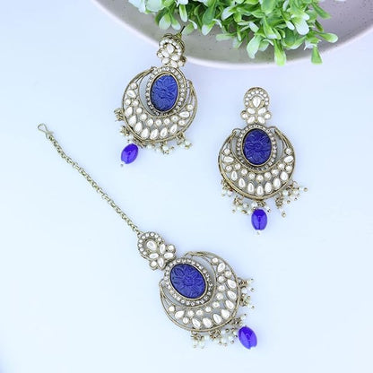 Head Maang Tikka in Gold Plated Traditional Pearl Hanging Kundan Chandbali Set