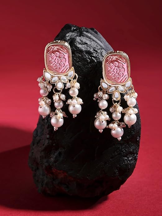 Drop Earrings Women in Wine Color Stone Kundan and Pearl Layered Gold Tone Design