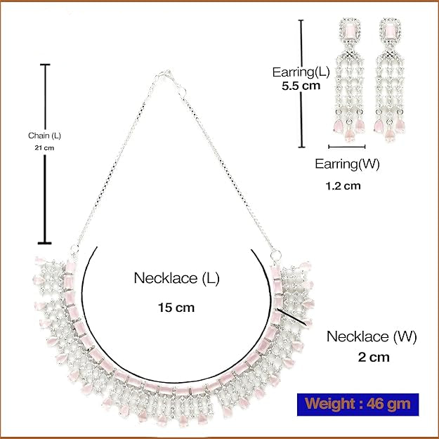 Jewelry set with necklace and earrings, including measurements and brand name 'Desi Dazzling'.