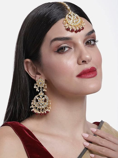 Mang Tikka for Women in Traditional Kundan & Pearl Earring Jewellery Set