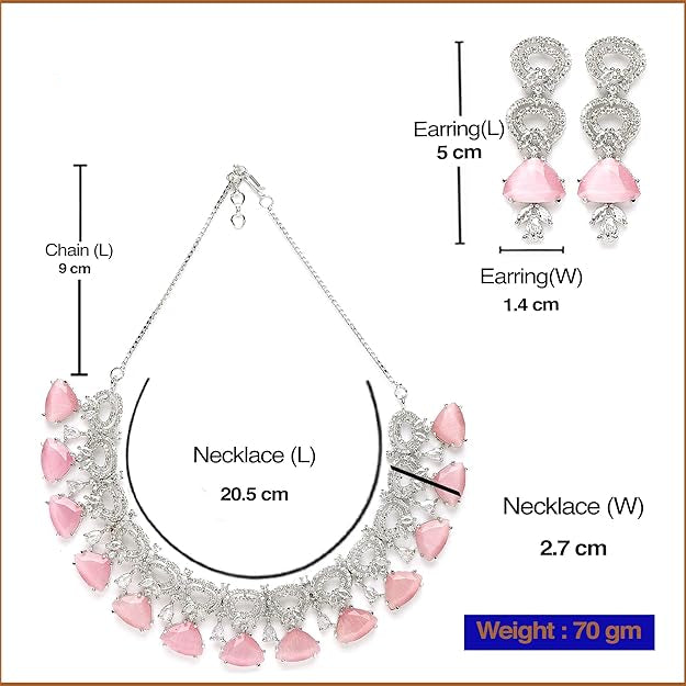 Jewelry set with necklace and earrings, including measurements and brand name 'Desi Dazzling'.