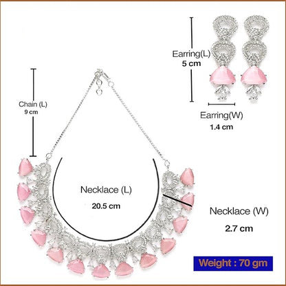 Jewelry set with necklace and earrings, including measurements and brand name 'Desi Dazzling'.