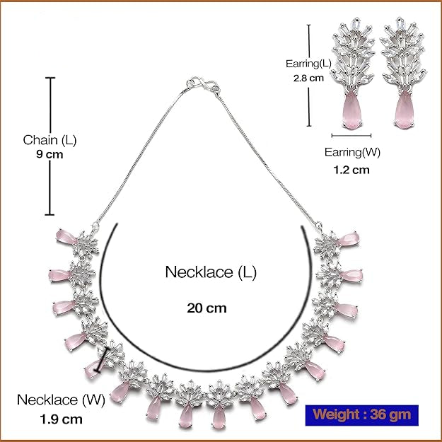 American Diamond Sets in Rhodium Plated Silver Toned Teardrop Shaped AD Studded Necklace and Earrings Jewellery Set