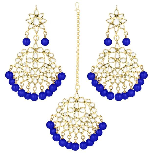 Bridal Mang Tika in Gold Plated Pearl and Kundan Studded Earring Set