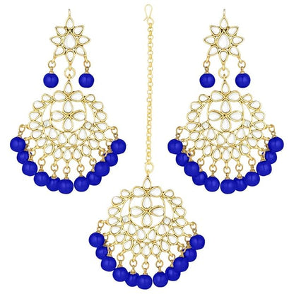 Bridal Mang Tika in Gold Plated Pearl and Kundan Studded Earring Set