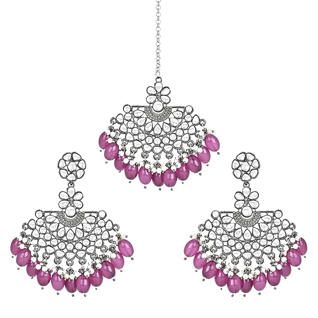 Silver Chandbali Earrings in Oxidised Kundan Pearl Design with Maang Tikka Set