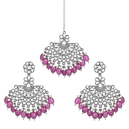 Silver Chandbali Earrings in Oxidised Kundan Pearl Design with Maang Tikka Set