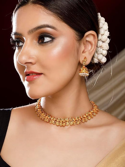 Gold Temple Jewellery Set for Marriage in Gold Plated Floral Traditional Necklace Set for Women and Girls