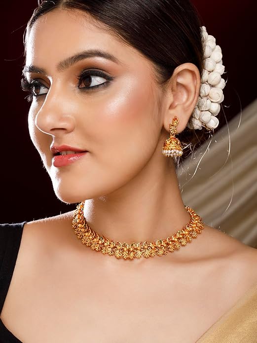 Gold Temple Jewellery Set for Marriage in Gold Plated Floral Traditional Necklace Set for Women and Girls