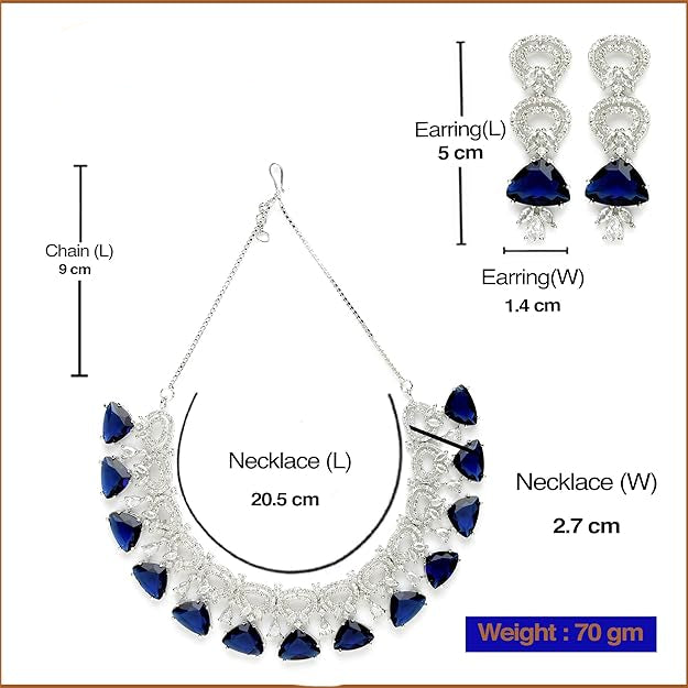 Jewelry set with necklace and earrings, including measurements and brand name 'Desi Dazzling'.