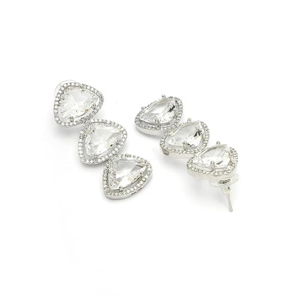 American Diamond Indian Jewellery in Rhodium Plated Silver Toned Triangular Shaped AD Studded Jewellery Set for Women and Girls