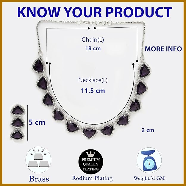 American Diamond Indian Jewellery in Rhodium Plated Silver Toned Triangular Shaped AD Studded Jewellery Set for Women and Girls