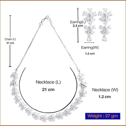 American Diamond Jewellery in Silver in Rhodium Plated Silver Toned White AD Studded Flower Shaped Jewellery Set